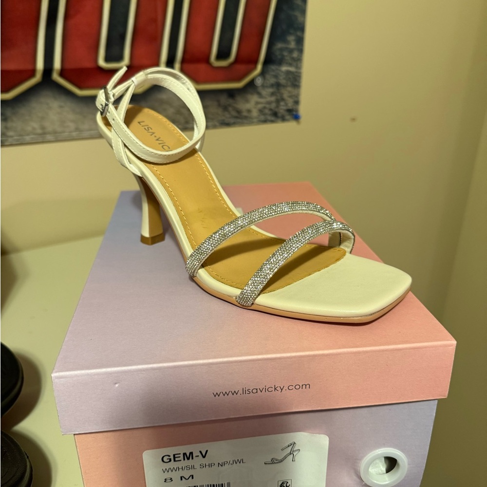 Elegant Cream and Silver Heels with Rhinestone Embellishments
